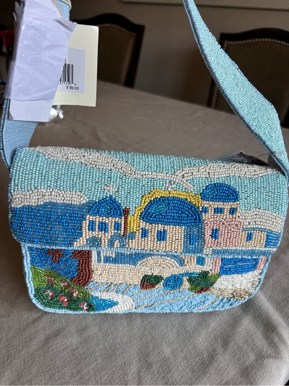 T.J.Maxx Beaded Coastal Scene Shoulder Bag in Light Blue, Blue, Cream